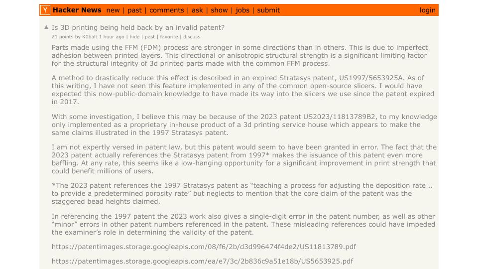 Screenshot of Hacker News post: Is 3D printing being held back by an invalid patent?