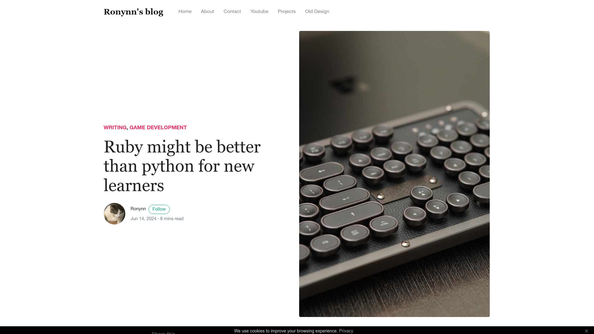 Screenshot of ronynn.github.io: Ruby might be better than Python for new learners