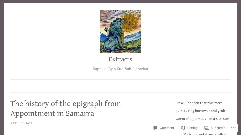 Screenshot of subsublibrarian.com: The history of the epigraph from Appointment in Samarra (2022)