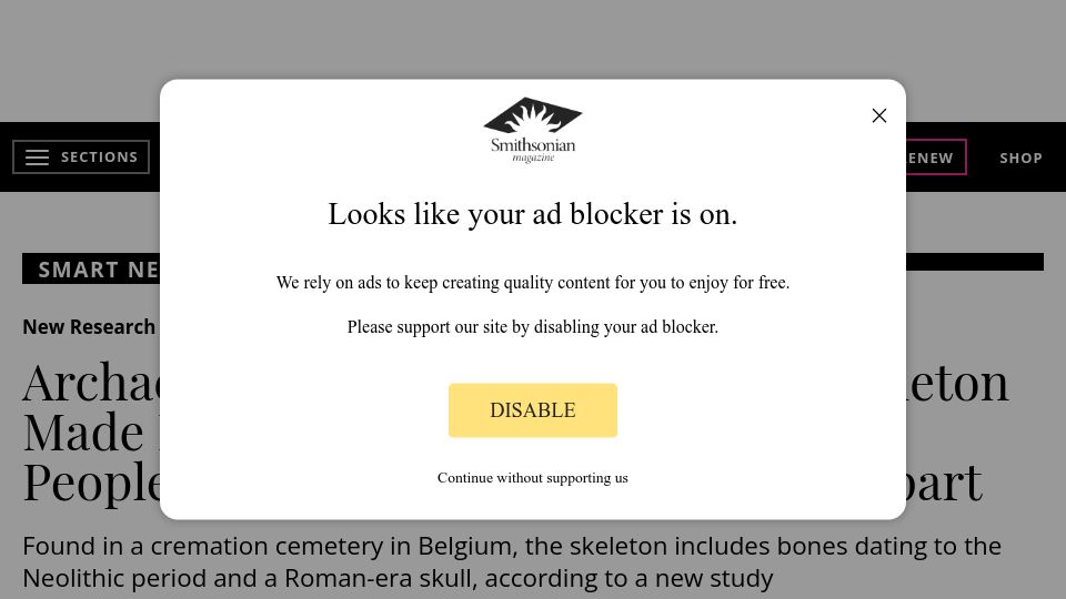 Screenshot of smithsonianmag.com: A skeleton made from the bones of at least eight people thousands of years apart