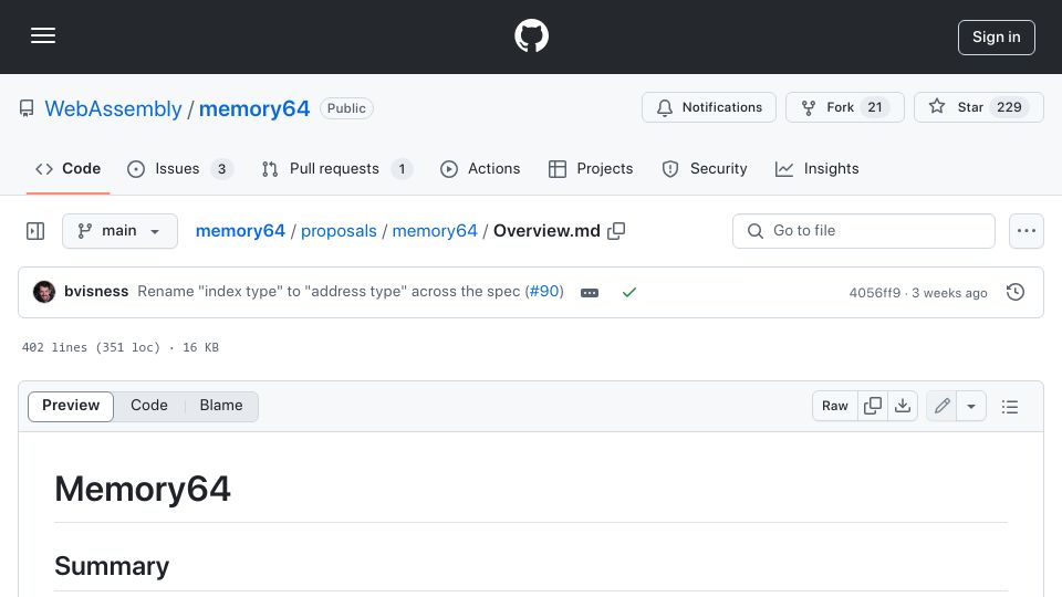 Screenshot of github.com: Memory64