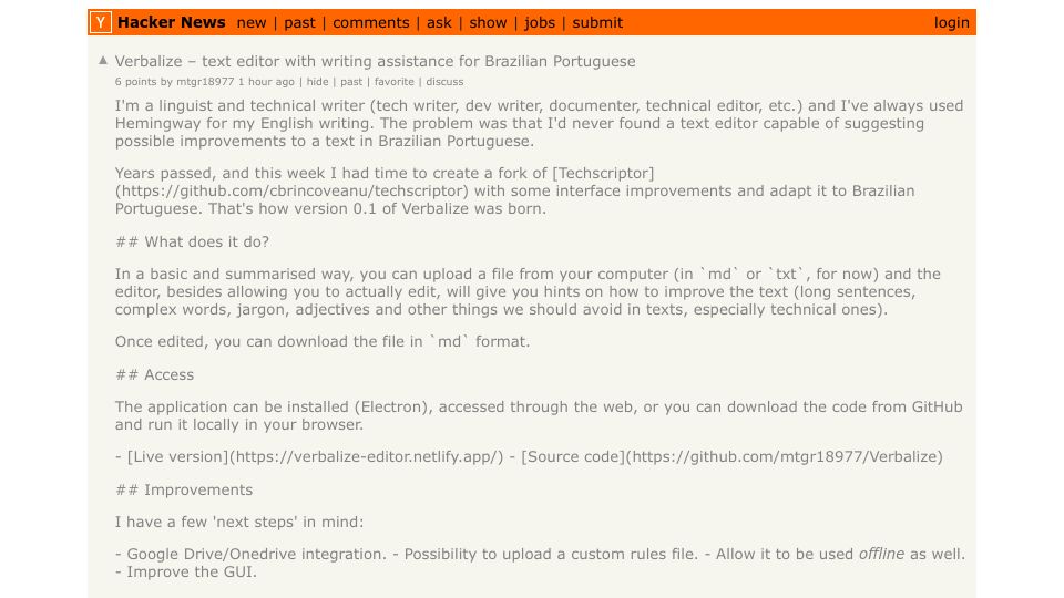 Screenshot of Hacker News post: Verbalize – text editor with writing assistance for Brazilian Portuguese