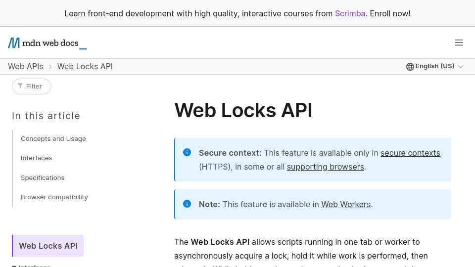 Screenshot of developer.mozilla.org: Web Locks API