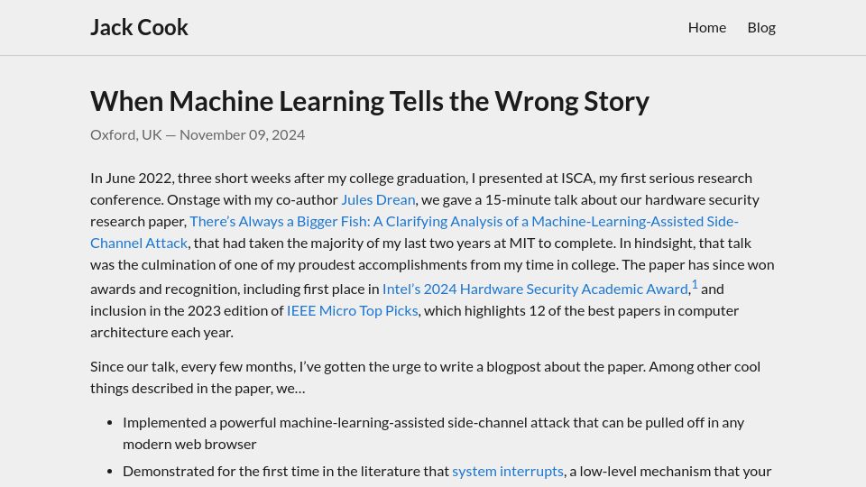Screenshot of jackcook.com: When machine learning tells the wrong story