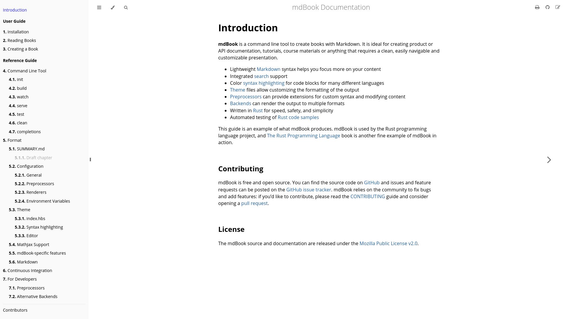 Screenshot of rust-lang.github.io: MdBook – a command line tool to create books with Markdown