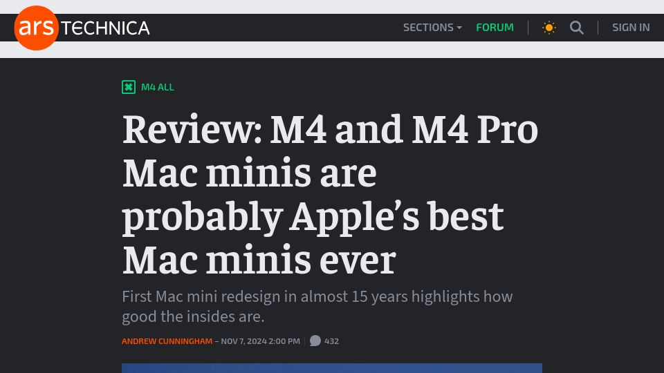 Screenshot of arstechnica.com: M4 and M4 Pro Mac minis are probably Apple's best Mac minis