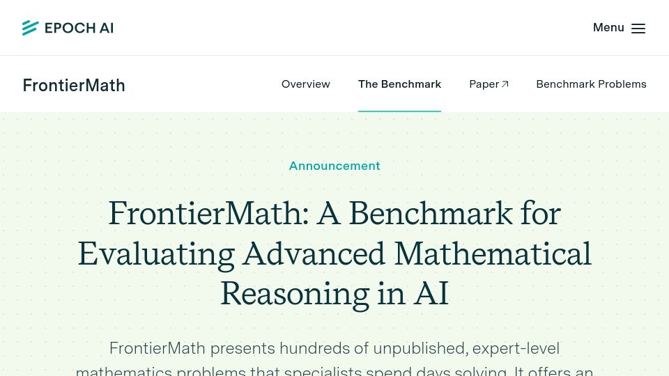 Screenshot of epochai.org: FrontierMath: A benchmark for evaluating advanced mathematical reasoning in AI