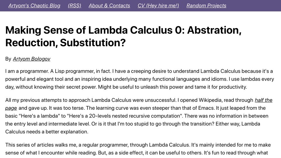 Screenshot of aartaka.me: Making Sense of Lambda Calculus 0: Abstration, Reduction, Substitution?
