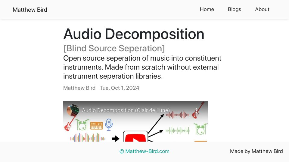 Screenshot of matthew-bird.com: Audio Decomposition – open-source seperation of music to constituent instruments
