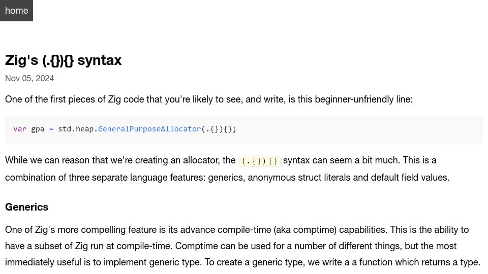 Screenshot of openmymind.net: Zig's (.{}){} Syntax