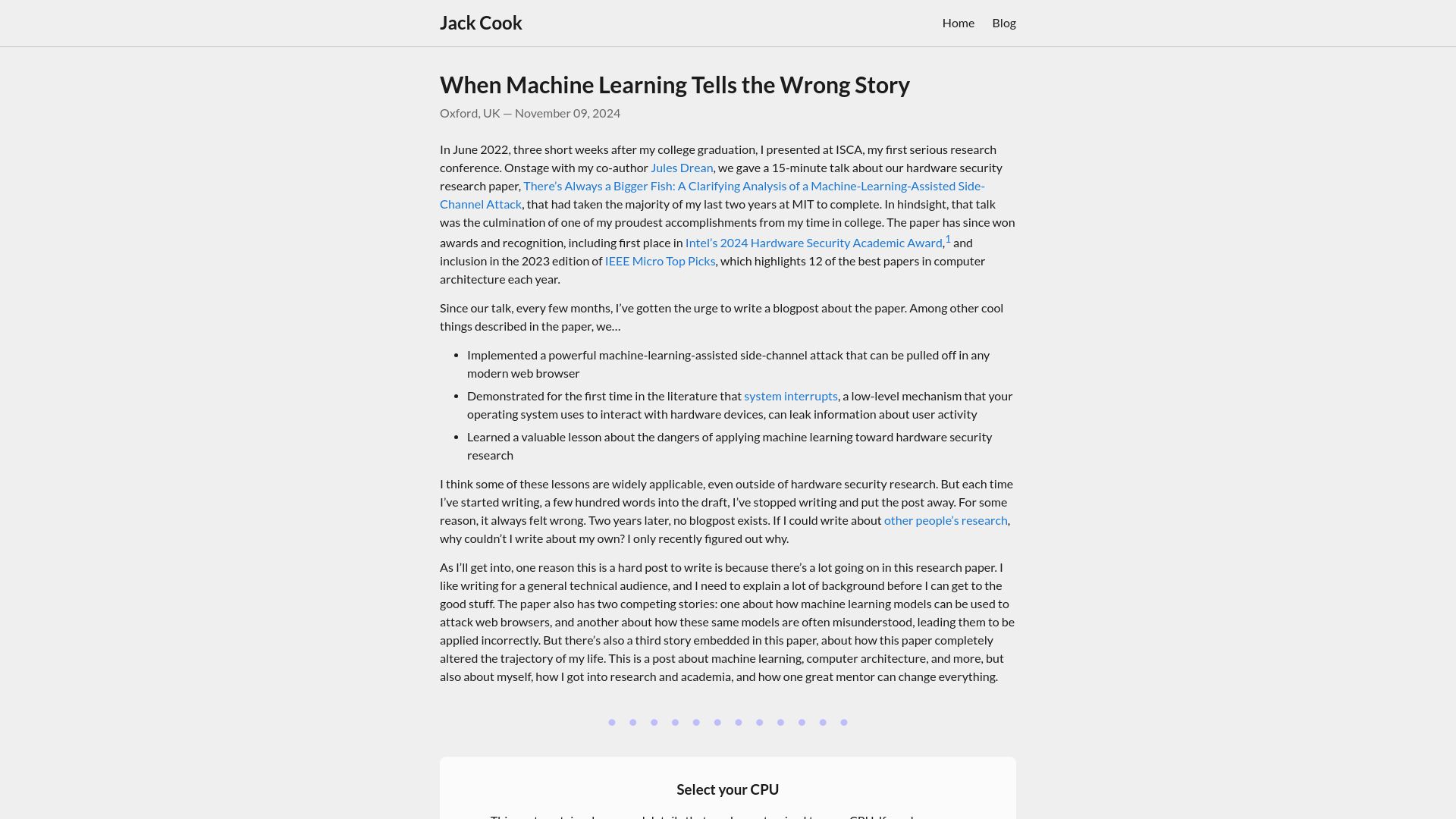 Screenshot of jackcook.com: When machine learning tells the wrong story