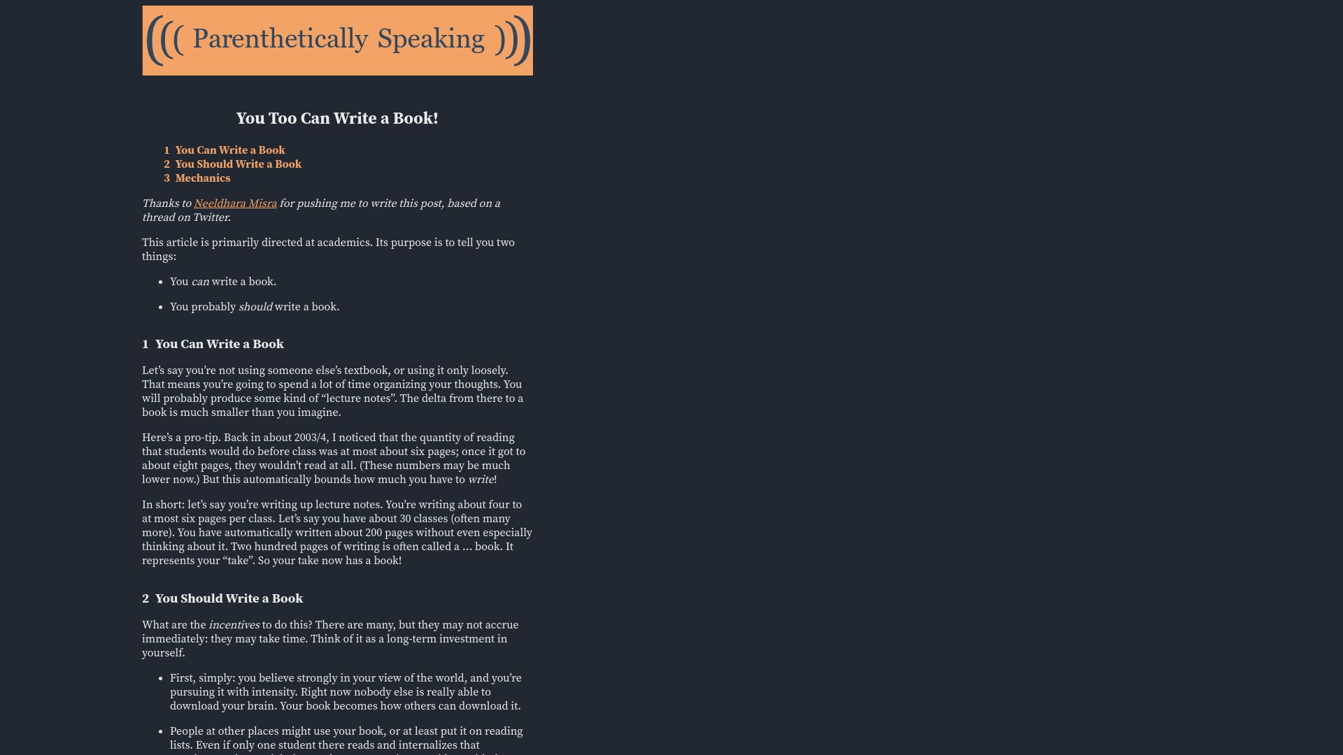 Screenshot of parentheticallyspeaking.org: You too can write a book