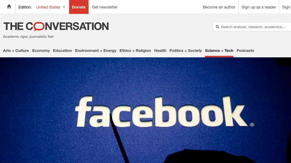 Screenshot of theconversation.com: To know if big tech harms society requires research – which big tech manipulates