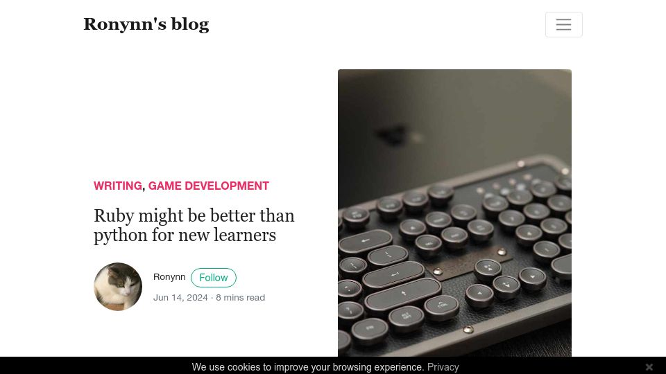 Screenshot of ronynn.github.io: Ruby might be better than Python for new learners