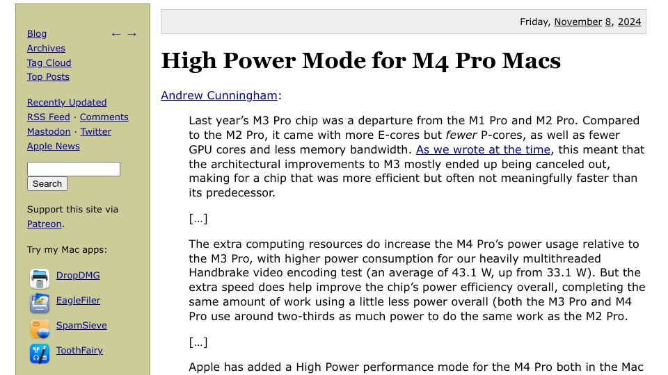 Screenshot of mjtsai.com: High Power Mode for M4 Pro Macs