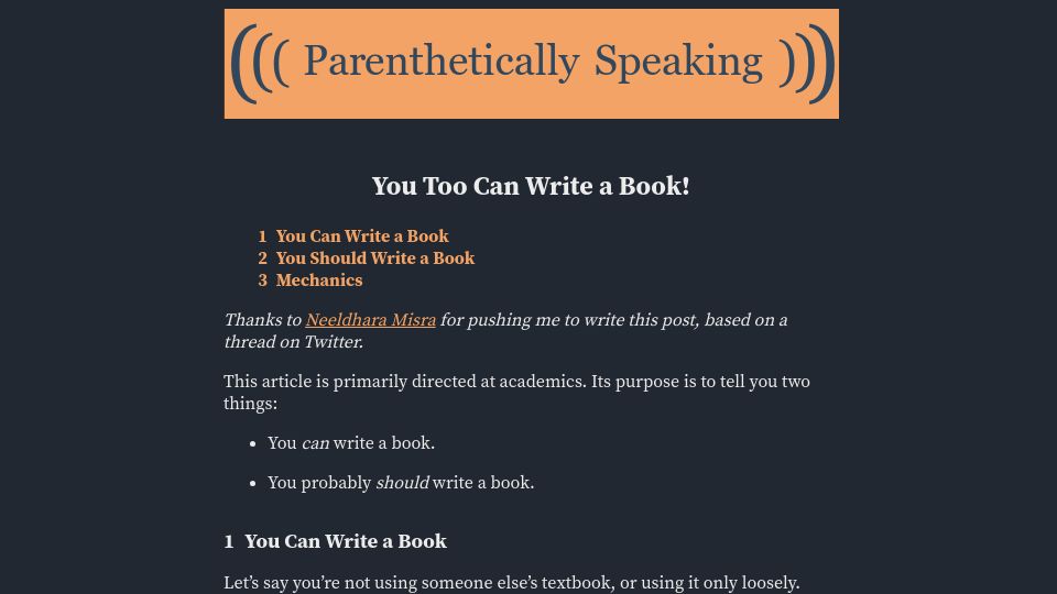 Screenshot of parentheticallyspeaking.org: You too can write a book