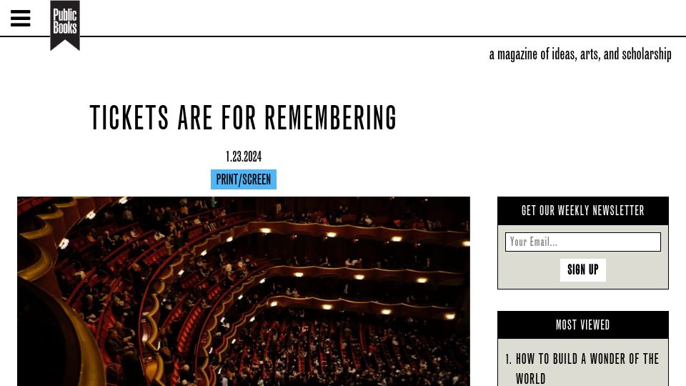 Screenshot of publicbooks.org: Tickets Are for Remembering