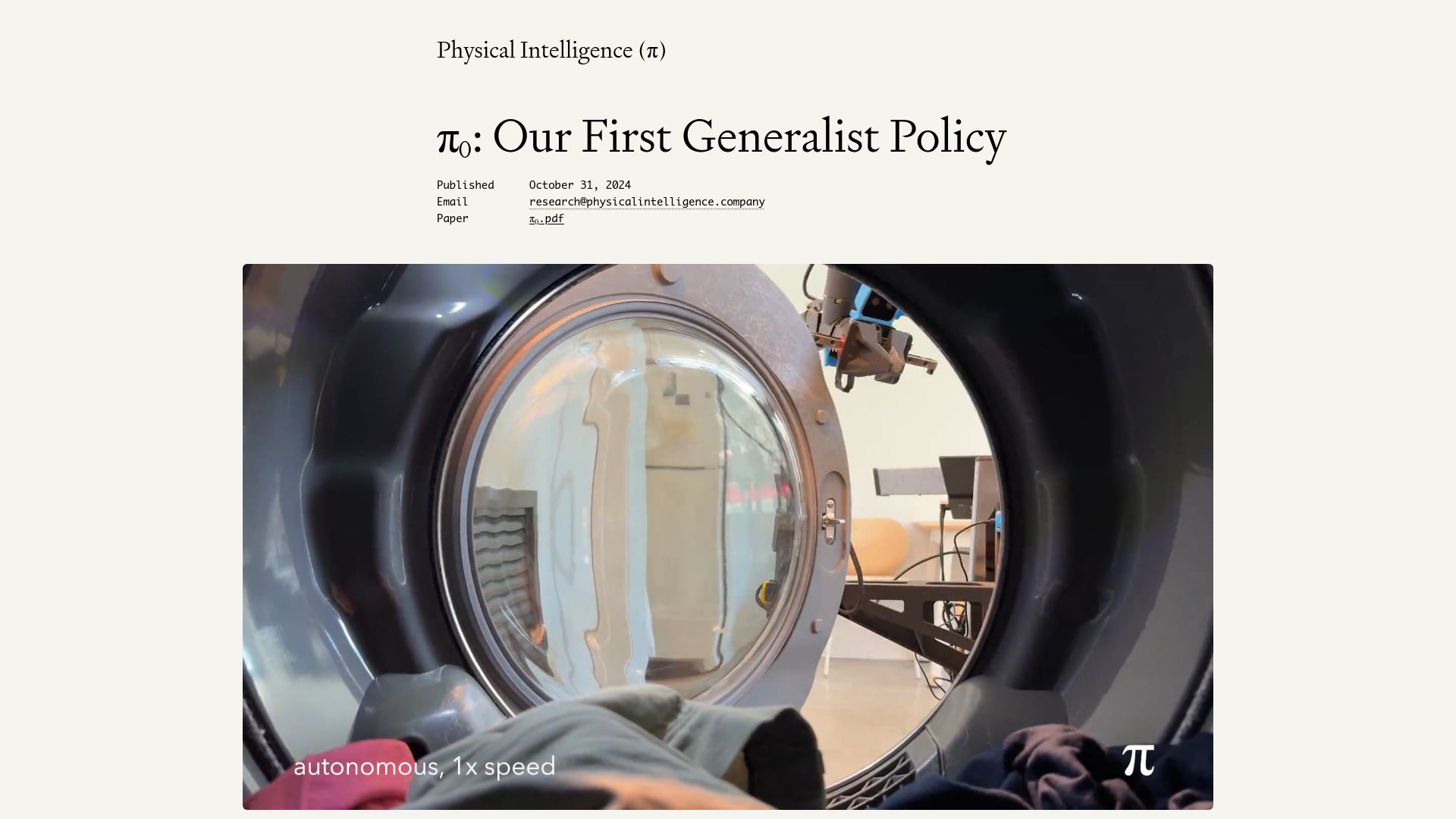 Screenshot of physicalintelligence.company: Physical Intelligence's first generalist policy AI can finally do your laundry