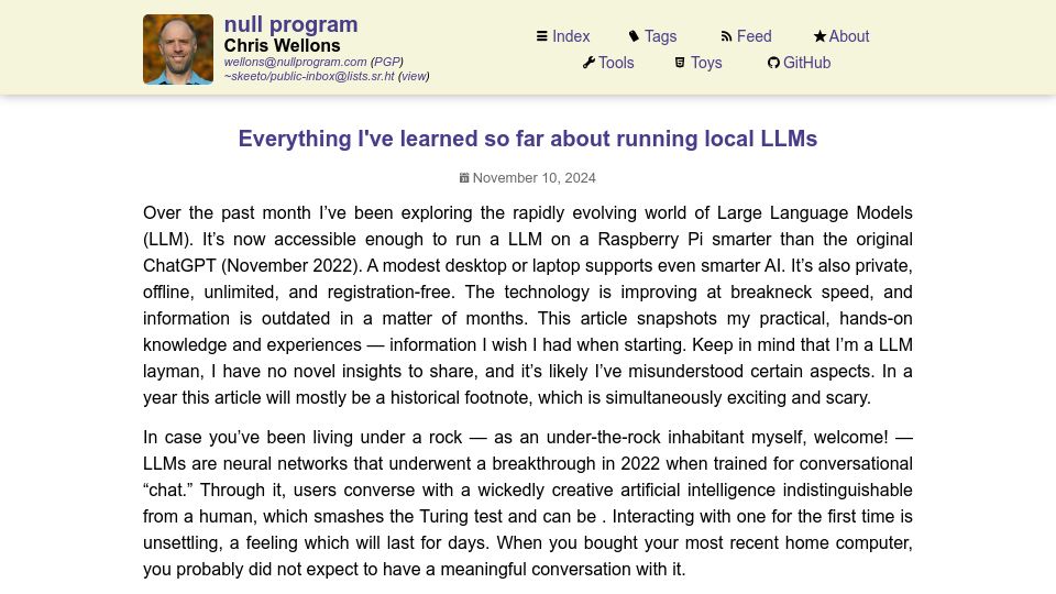 Screenshot of nullprogram.com: Everything I've learned so far about running local LLMs