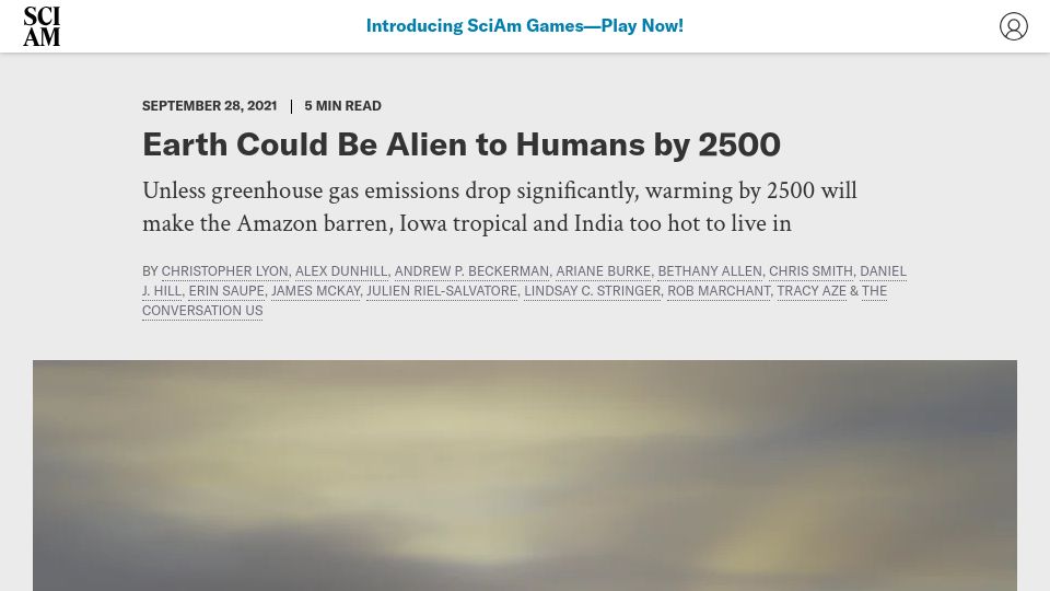 Screenshot of scientificamerican.com: Earth Could Be Alien to Humans by 2500 (2021)