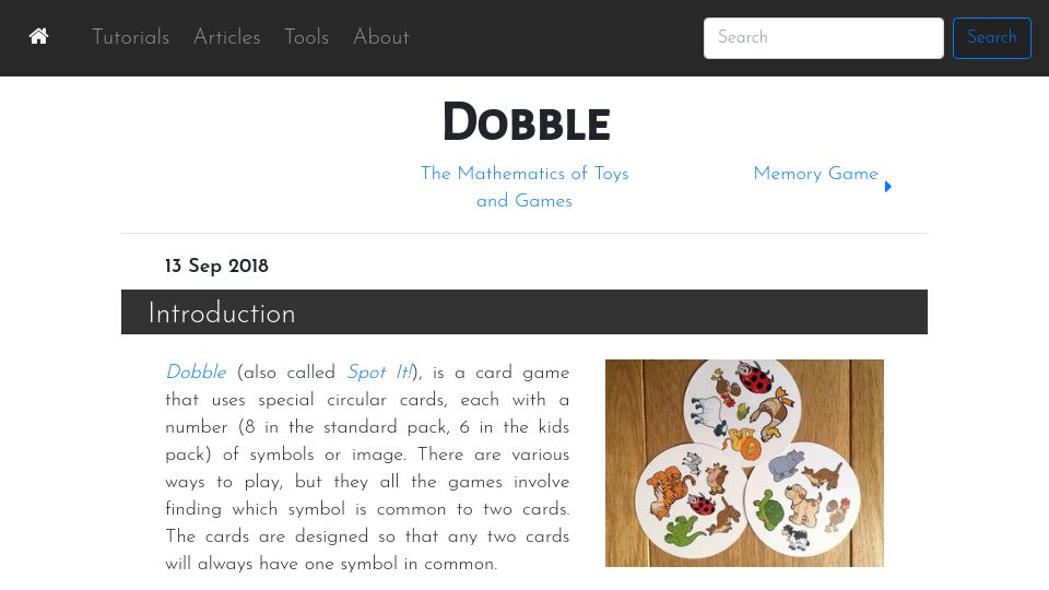 Screenshot of petercollingridge.co.uk: Dobble (The Mathematics Of) (2018)