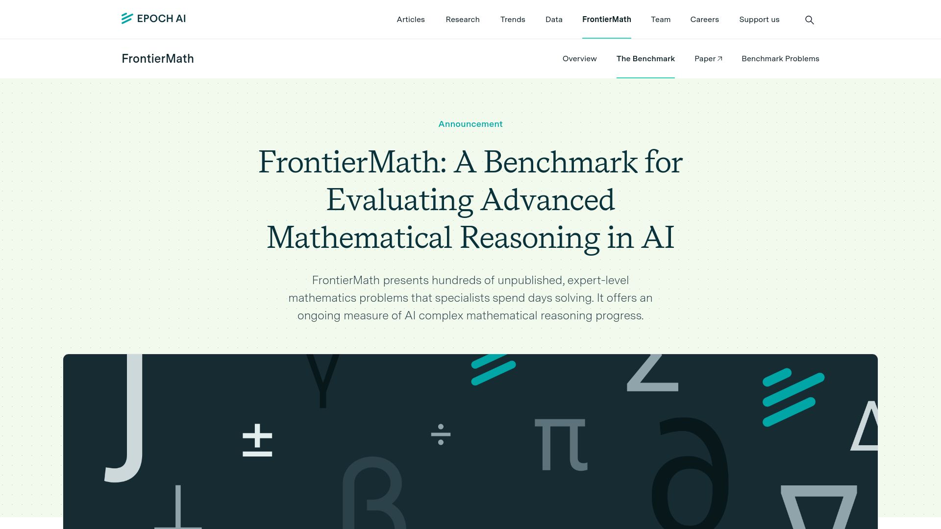 Screenshot of epochai.org: FrontierMath: A benchmark for evaluating advanced mathematical reasoning in AI