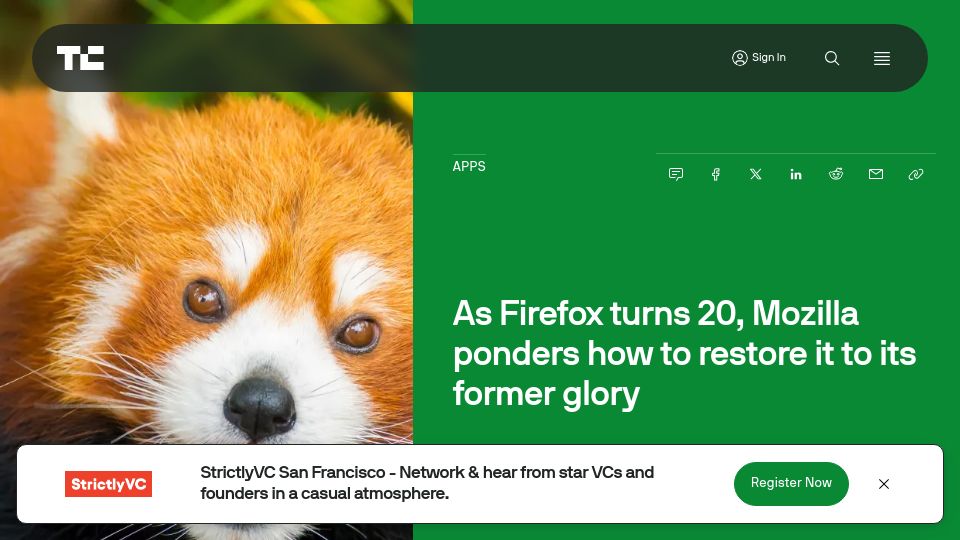 Screenshot of techcrunch.com: As Firefox turns 20, Mozilla ponders how to restore it to its former glory