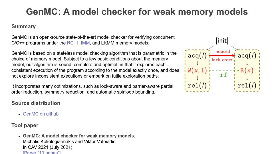 Screenshot of plv.mpi-sws.org: GenMC: Model checking for concurrent C programs