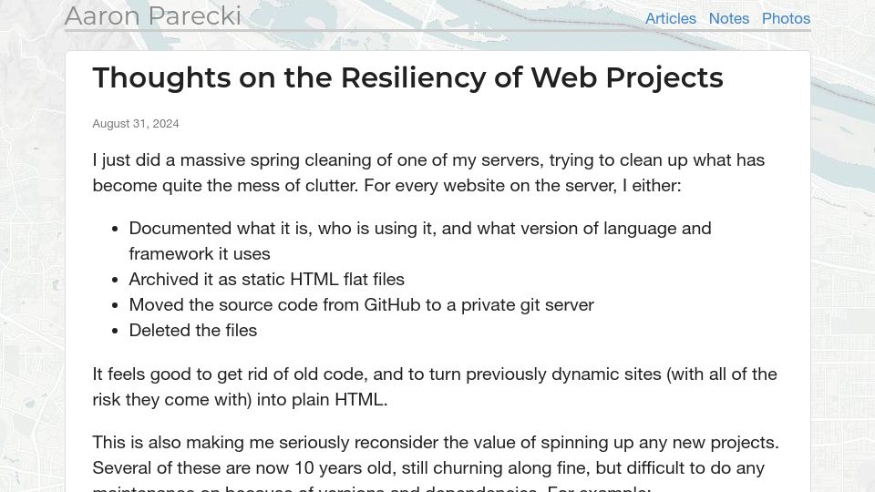 Screenshot of aaronparecki.com: Thoughts on the Resiliency of Web Projects