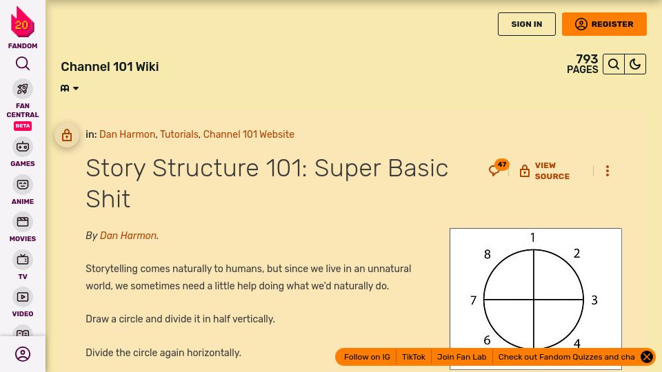 Screenshot of channel101.fandom.com: Story Structure 101: Super Basic Shit