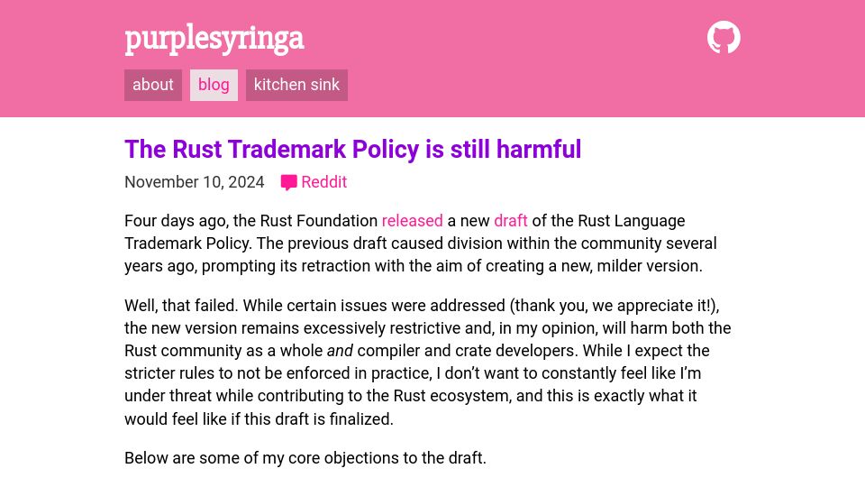 Screenshot of purplesyringa.moe: The Rust Trademark Policy is still harmful