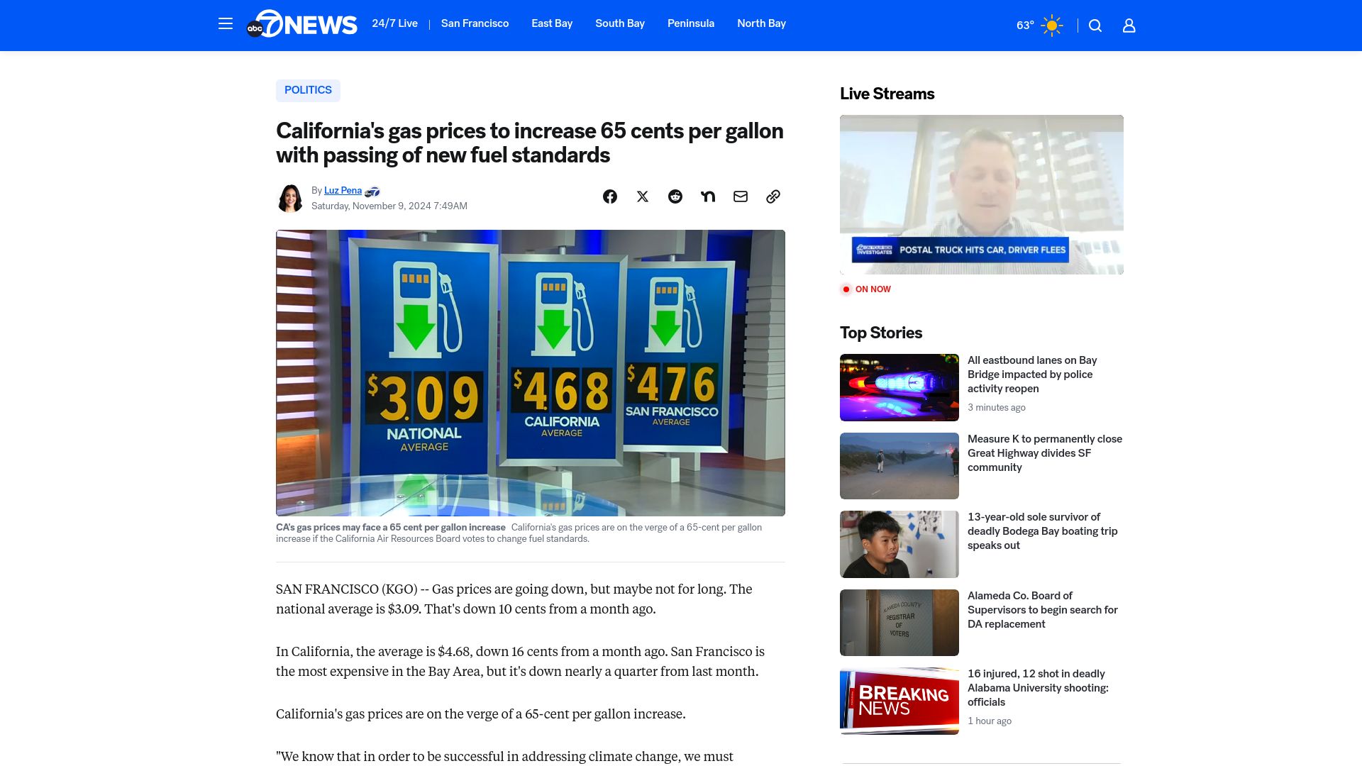 Screenshot of abc7news.com: California's gas prices to increase 65 cents per gallon with new fuel standards