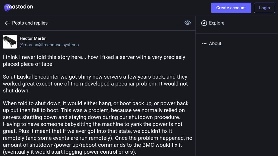 Screenshot of social.treehouse.systems: I fixed a server with a precisely placed piece of tape (2023)