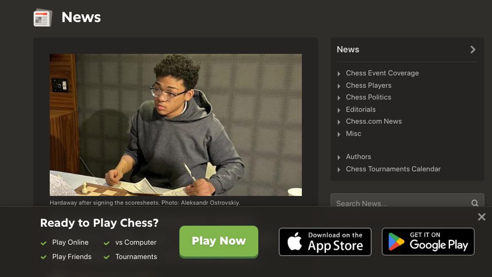 Screenshot of chess.com: Brewington Hardaway Becomes First U.S. Born Black Grandmaster