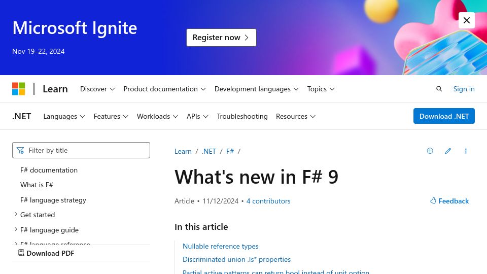 Screenshot of learn.microsoft.com: What's New in F# 9