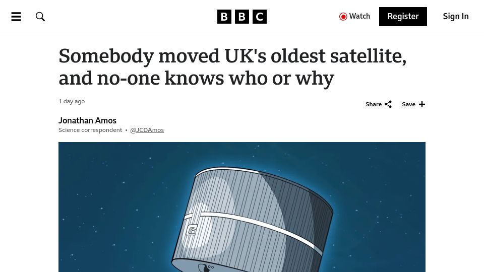 Screenshot of bbc.co.uk: Somebody moved the UK's oldest satellite in the mid 1970s, but no one knows who