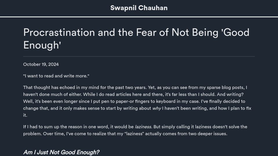Screenshot of swapnilchauhan.com: Procrastination and the fear of not being good enough