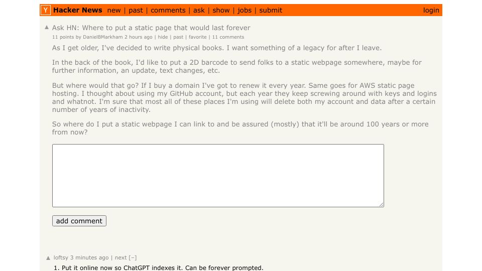 Screenshot of Hacker News post: Ask HN: Where to put a static page that would last forever