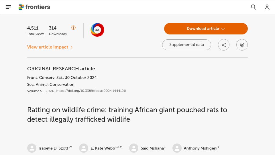 Screenshot of frontiersin.org: Ratting on wildlife crime: training rats to detect illegally trafficked wildlife