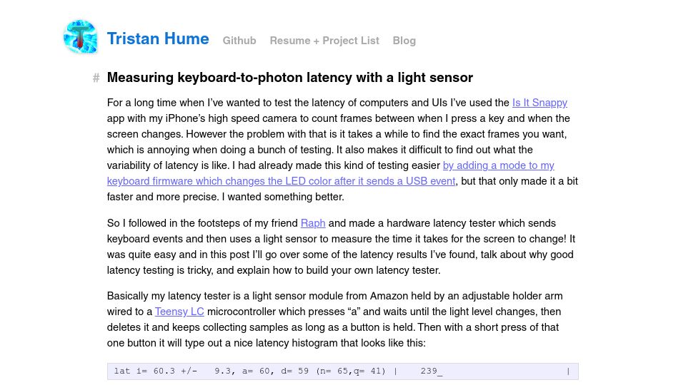 Screenshot of thume.ca: Measuring keyboard-to-photon latency with a light sensor (2023)
