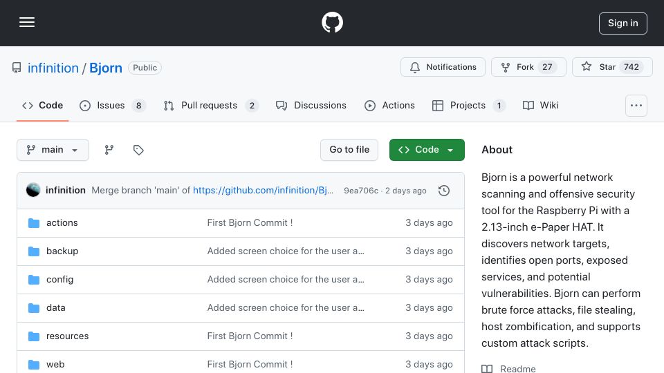 Screenshot of github.com: Bjorn: A powerful network scanning and offensive security tool for Raspberry Pi
