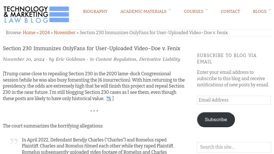Screenshot of blog.ericgoldman.org: Section 230 Immunizes OnlyFans for User-Uploaded Video–DOE vs. Fenix