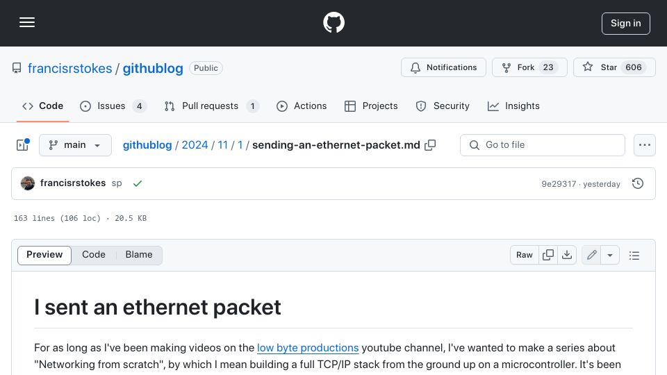 Screenshot of github.com: I sent an Ethernet packet