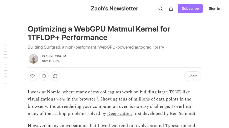 Screenshot of zanussbaum.substack.com: Optimizing a WebGPU Matmul Kernel for 1 TFLOP