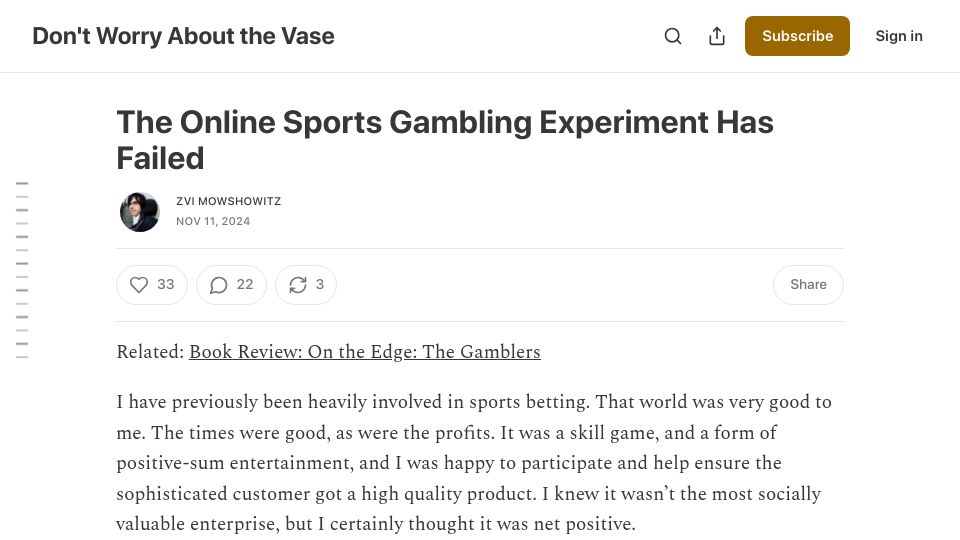 Screenshot of thezvi.substack.com: The online sports gambling experiment