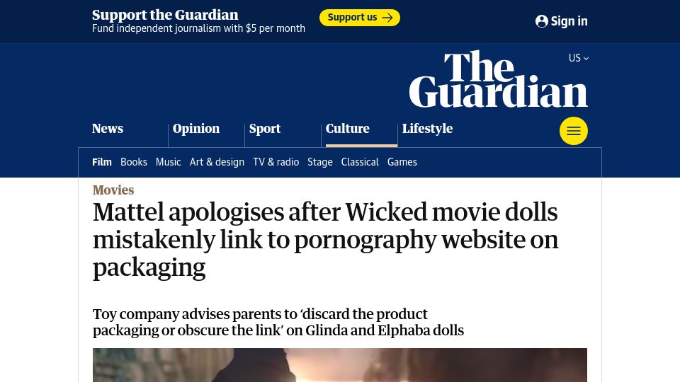 Screenshot of theguardian.com: Mattel apologises after Wicked movie dolls link to porn site on packaging