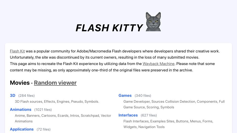 Screenshot of flashkitty.gzalo.com: Show HN: Flash Kitty – Archive of Adobe/Macromedia Flash Movies from Flash Kit