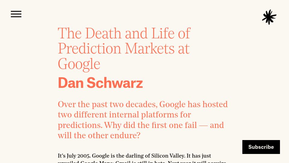 Screenshot of asteriskmag.com: The death and life of prediction markets at Google