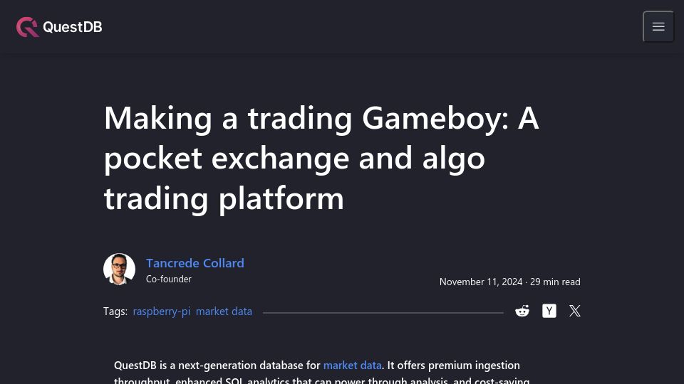 Screenshot of questdb.io: Making a trading Gameboy: A pocket exchange and algo trading platform