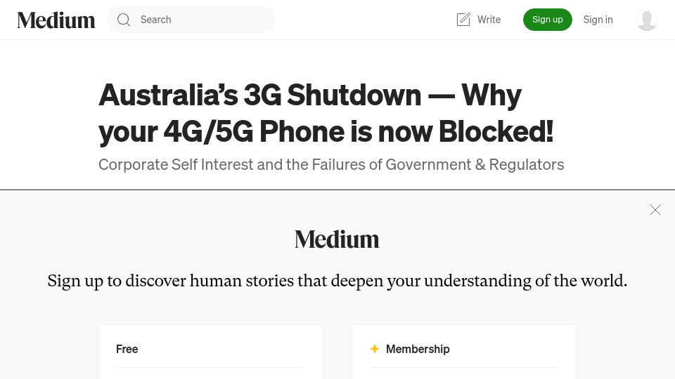 Screenshot of medium.com: Australia's 3G Shutdown – Why your 4G/5G Phone is now Blocked